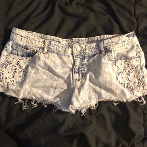 White/Light Blue Denim Short Shorts with Lace